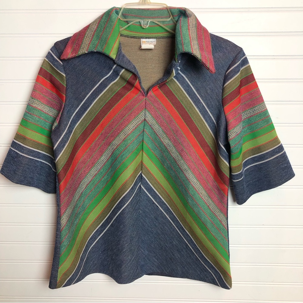 Vintage 70s JC Penney Multicolored Pointed Color Top Sz M